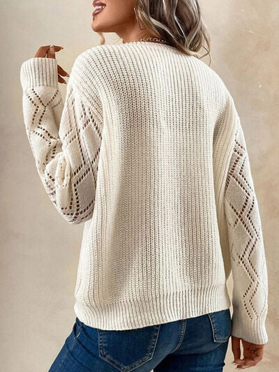 Openwork V-Neck Dropped Shoulder Sweater - Stormyjay