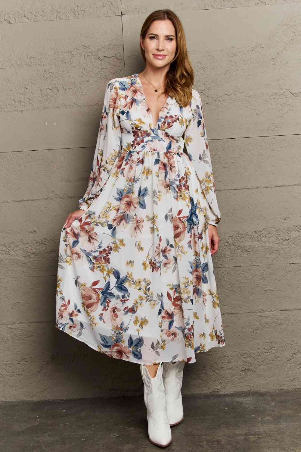 OneTheLand Good Day Chiffon Floral Midi Dress - Stormyjay