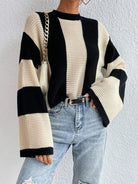 Striped Mock Neck Long Sleeve Sweater - Stormyjay