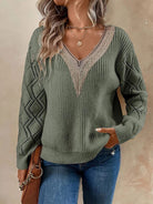 Openwork V-Neck Dropped Shoulder Sweater - Stormyjay