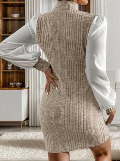 Ribbed Contrast Long Sleeve Sweater Dress - Stormyjay