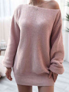 Rib-Knit Balloon Sleeve Boat Neck Sweater Dress - Stormyjay