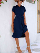 Cuffed Short Sleeve Belted Shirt Dress - Stormyjay