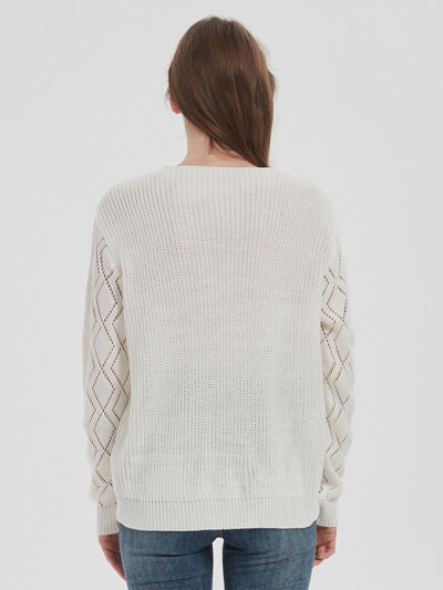 Openwork V-Neck Dropped Shoulder Sweater - Stormyjay