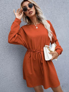 Drawstring Round Neck Dropped Shoulder Mini Dress - Stormyjay