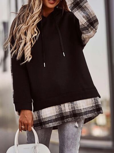 Plaid Drawstring Dropped Shoulder Hoodie