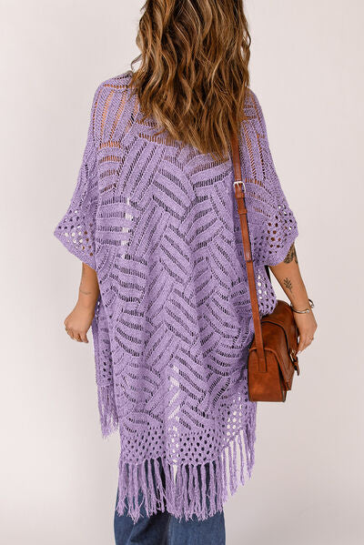 Openwork Open Front Cardigan with Fringes - Stormyjay