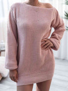 Rib-Knit Balloon Sleeve Boat Neck Sweater Dress - Stormyjay