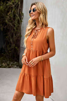 Tie Neck Tiered Dress with Decorative Buttons - Stormyjay