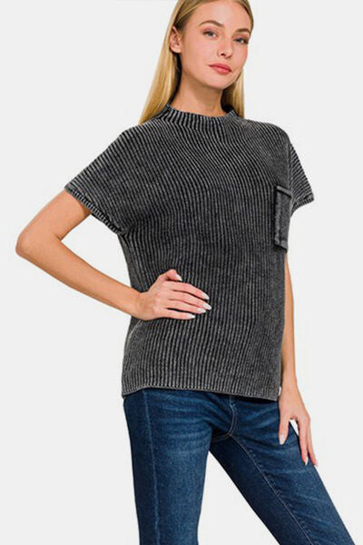 Zenana Pocketed Mock Neck Short Sleeve Sweater - Stormyjay