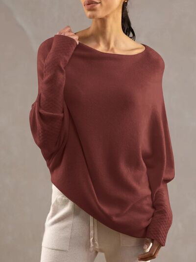 Full Size Boat Neck Batwing Sleeve Knit Top - Stormyjay