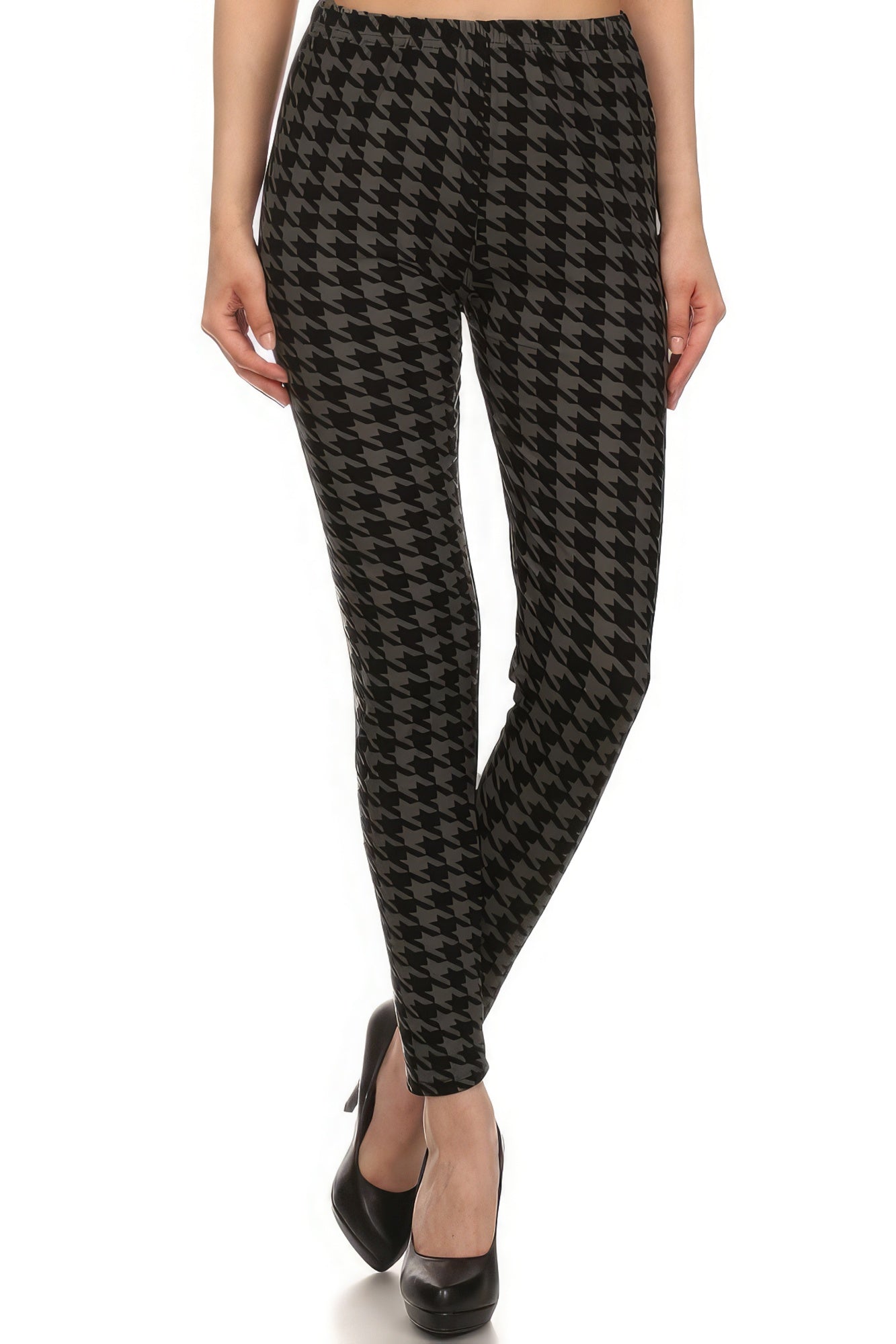 High Waisted Houndtooth Printed Knit Legging With Elastic Waistband - Stormyjay