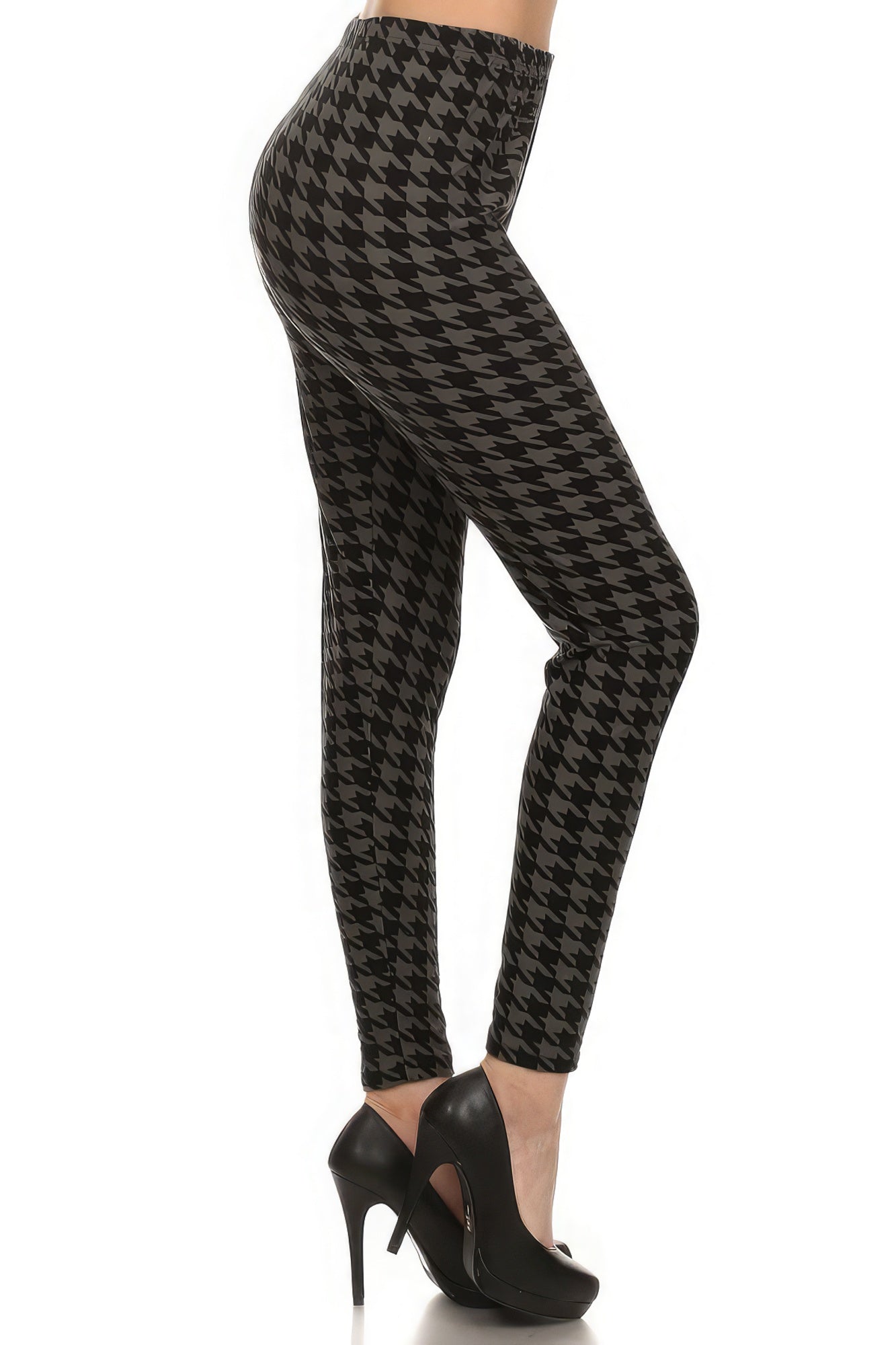 High Waisted Houndtooth Printed Knit Legging With Elastic Waistband - Stormyjay