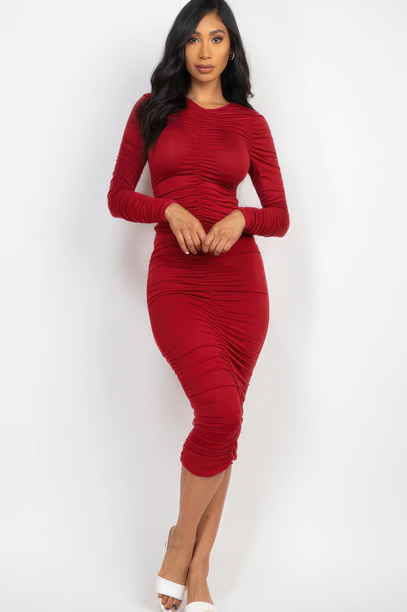 Ruched Long Sleeve Midi Dress - Stormyjay