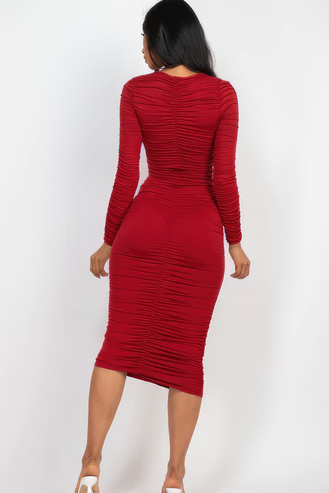 Ruched Long Sleeve Midi Dress - Stormyjay