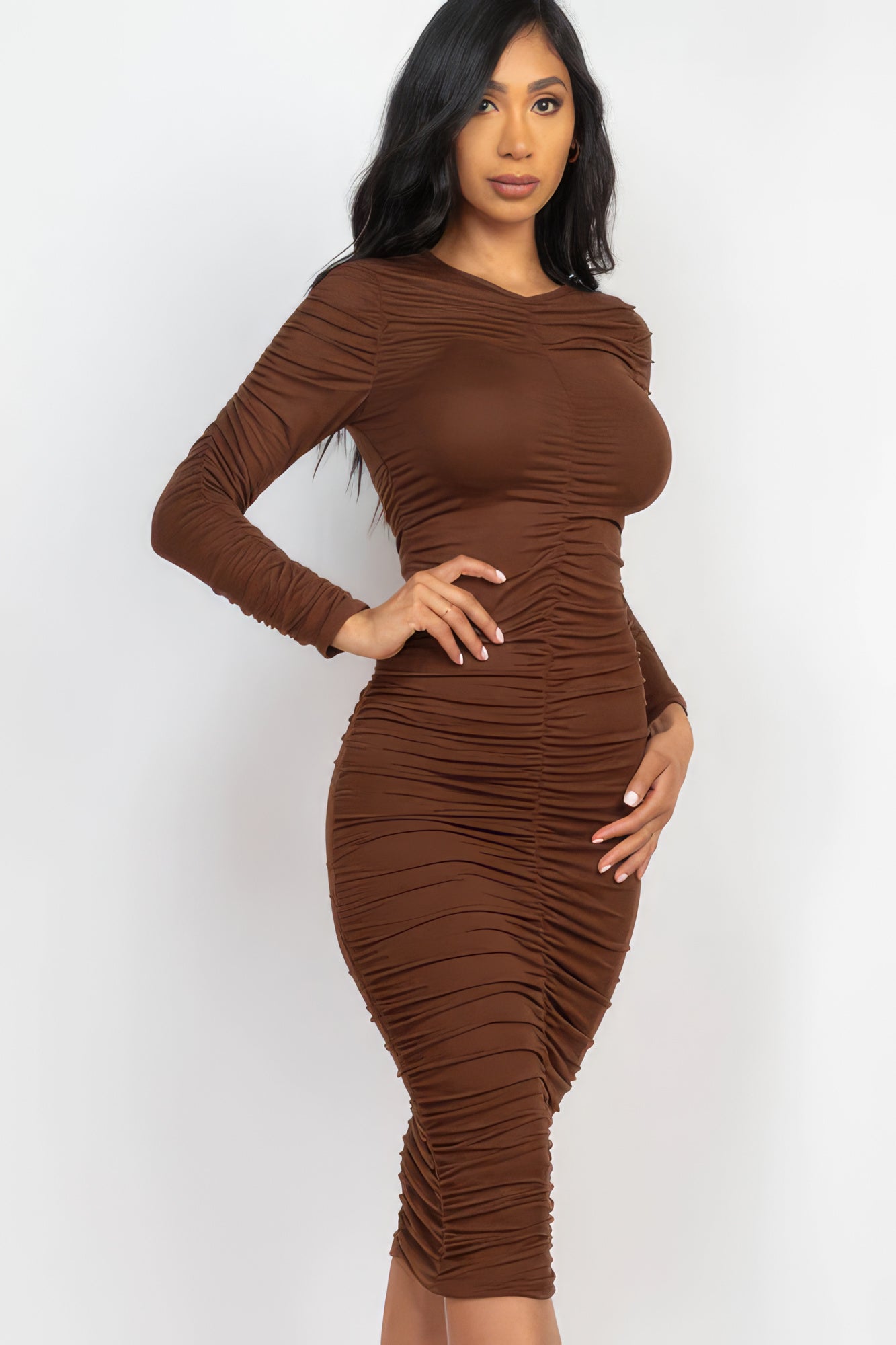 Ruched Long Sleeve Midi Dress - Stormyjay