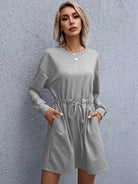 Drawstring Round Neck Dropped Shoulder Mini Dress - Stormyjay