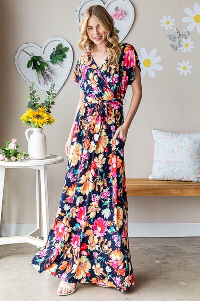 Heimish Full Size Floral Surplice Tie Waist Maxi Dress - Stormyjay