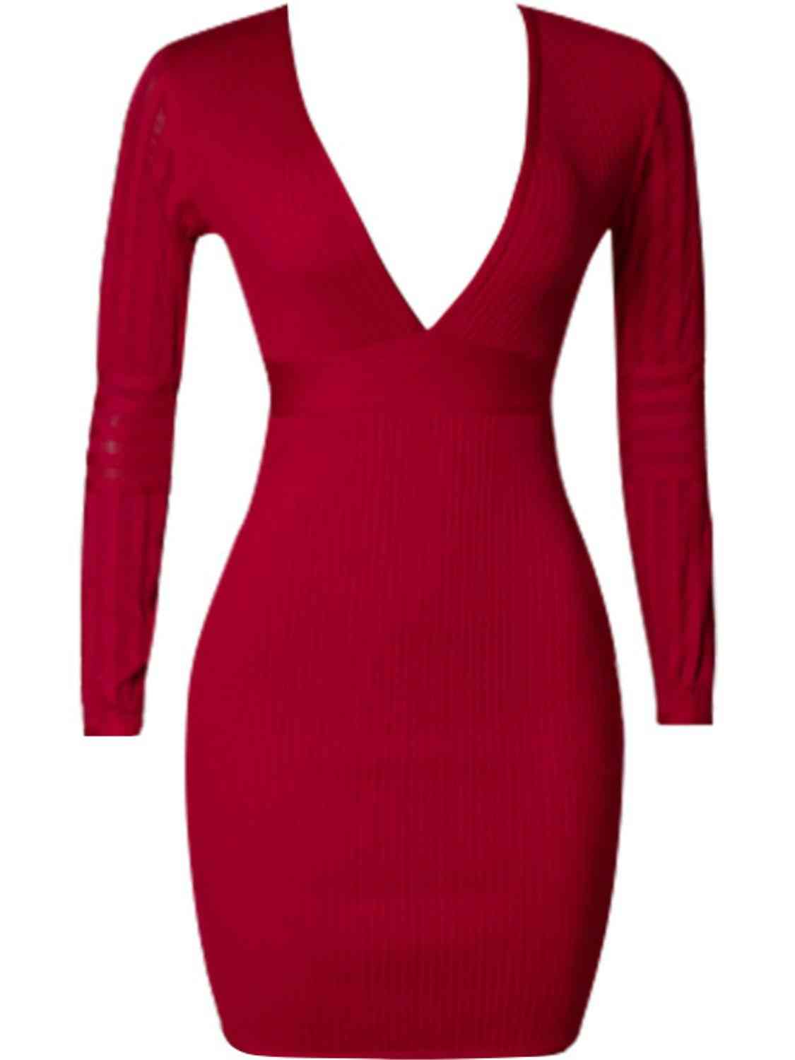 Ribbed Deep V Long Sleeve Mini Bandage Dress