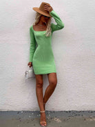 Tie Back Square Neck Long Sleeve Sweater Dress - Stormyjay