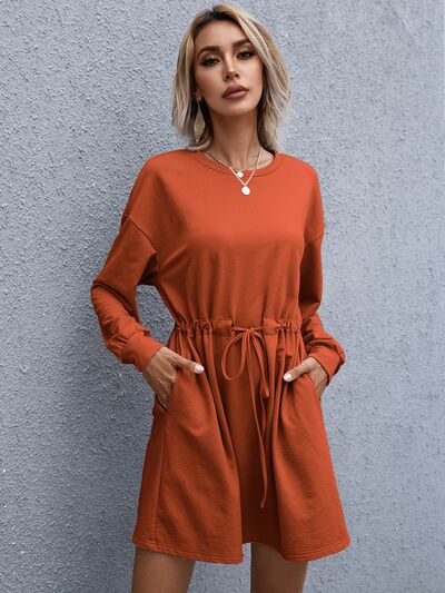 Drawstring Round Neck Dropped Shoulder Mini Dress - Stormyjay