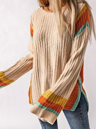 Striped Round Neck Long Sleeve Sweater - Stormyjay