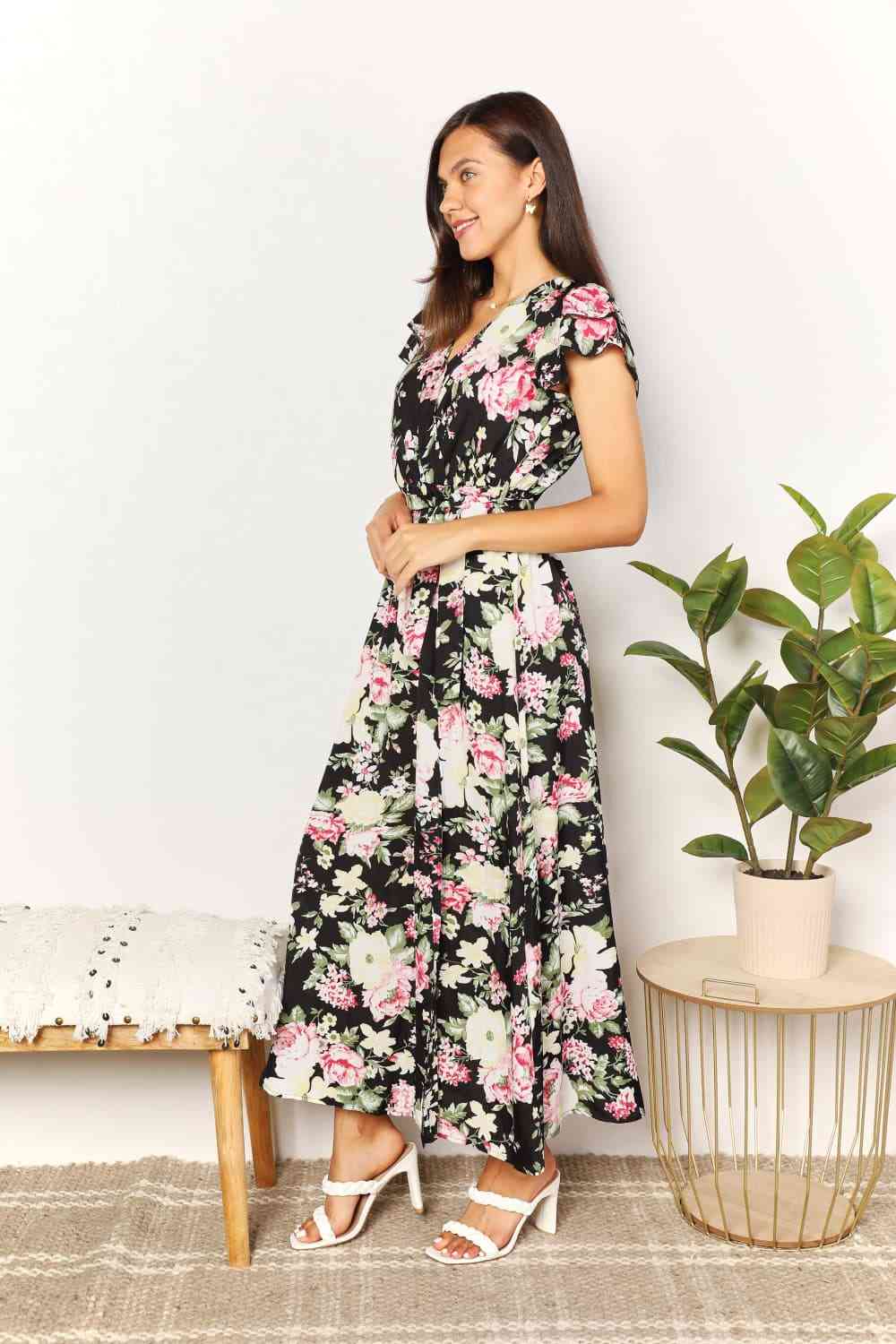 Double Take Floral Flutter Sleeve Tie-Waist Split Dress - Stormyjay