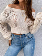 Openwork Off-Shoulder Long Sleeve Sweater - Stormyjay