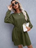 Drawstring Round Neck Dropped Shoulder Mini Dress - Stormyjay