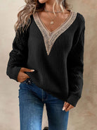 Openwork V-Neck Dropped Shoulder Sweater - Stormyjay