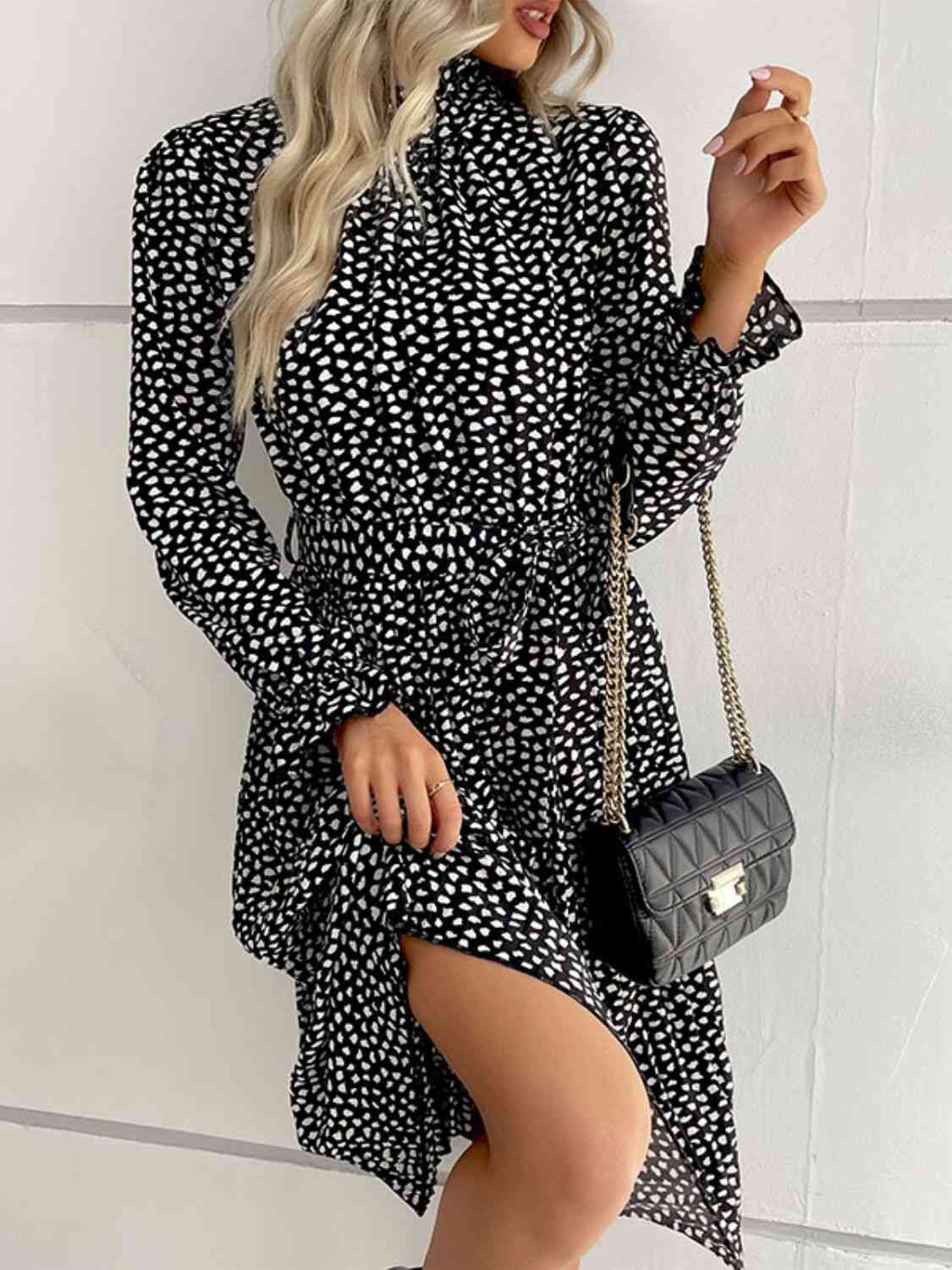 Printed Tie-Waist Flounce Sleeve Keyhole Midi Dress - Stormyjay