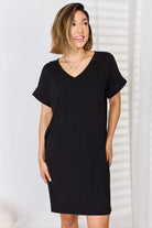 Zenana Full Size Rolled Short Sleeve V-Neck Dress - Stormyjay