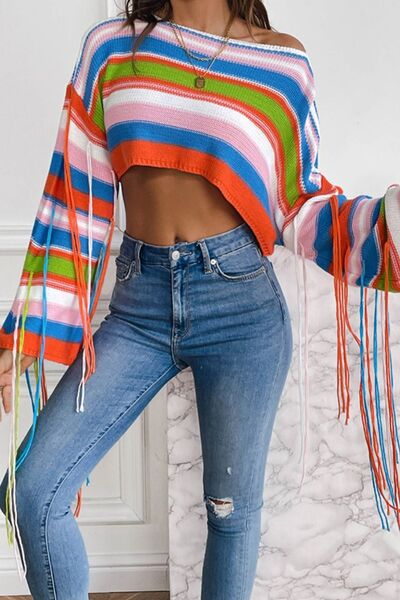 Fringe Striped Round Neck Knit Top - Stormyjay