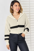 Striped Zip Up Dropped Shoulder Cardigan - Stormyjay