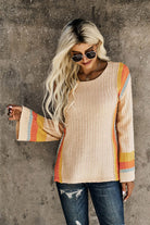 Striped Round Neck Long Sleeve Sweater - Stormyjay