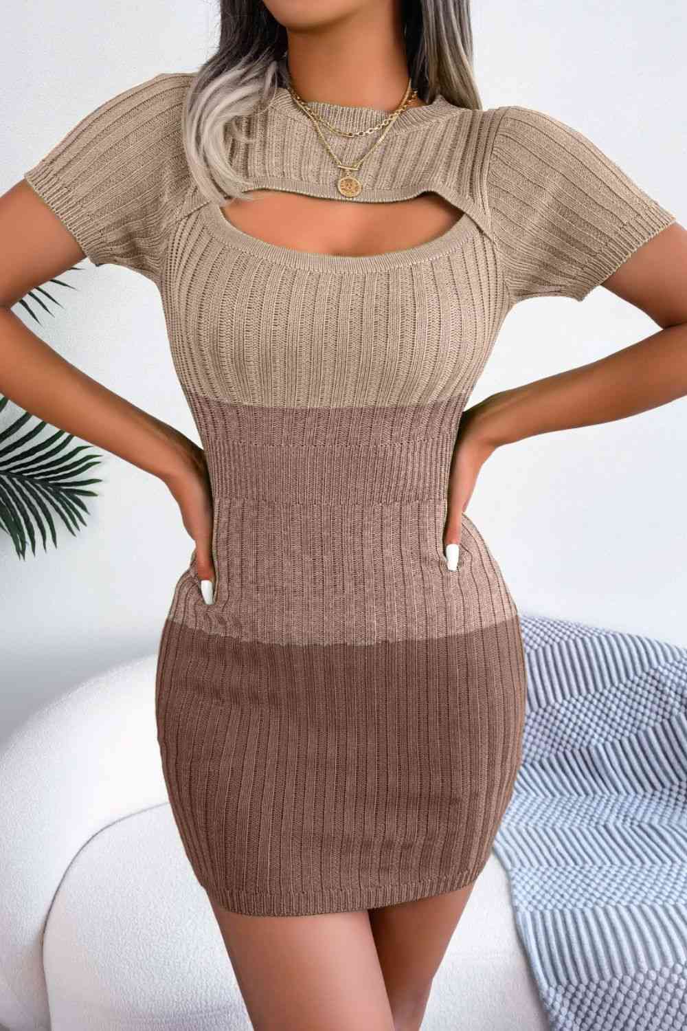 Color Block Cutout Short Sleeve Sweater Dress - Stormyjay