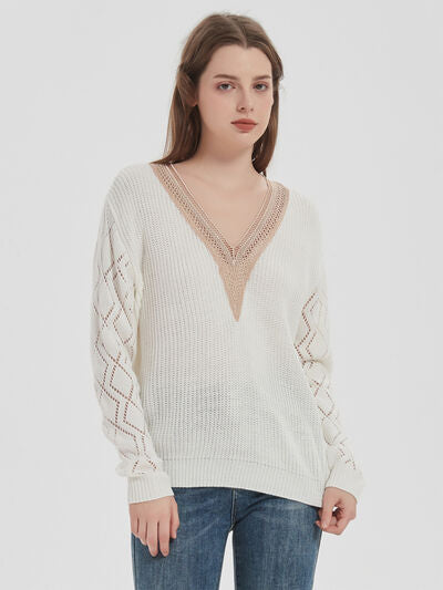 Openwork V-Neck Dropped Shoulder Sweater - Stormyjay