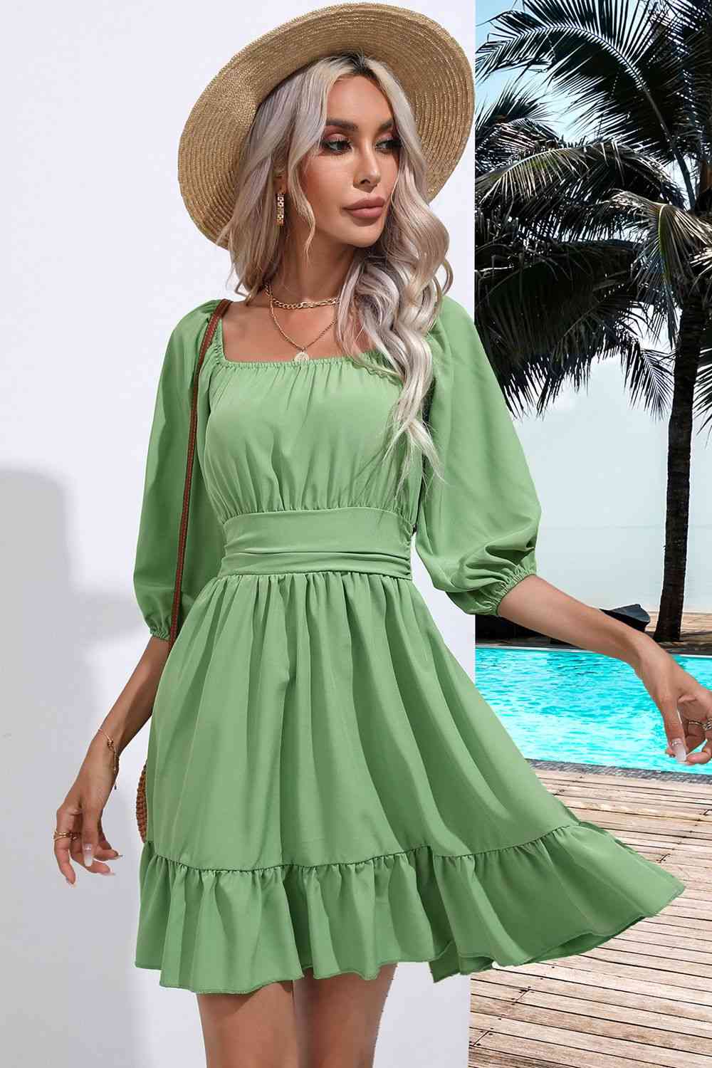 Square Neck Tie Back Ruffle Hem Dress