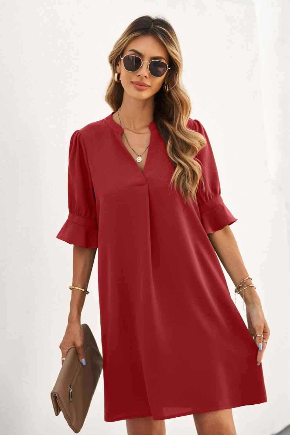 Puff Sleeve Notched Mini Shift Dress - Stormyjay