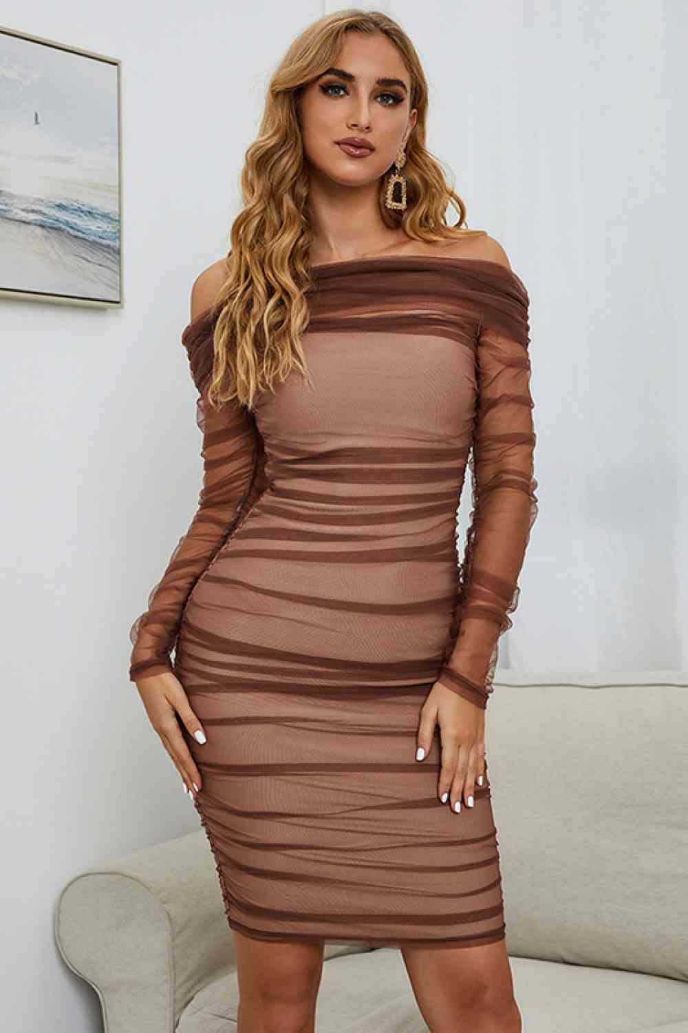 Off-Shoulder Ruched Long Sleeve Tulle Dress - Stormyjay