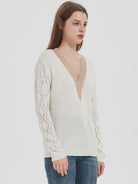 Openwork V-Neck Dropped Shoulder Sweater - Stormyjay