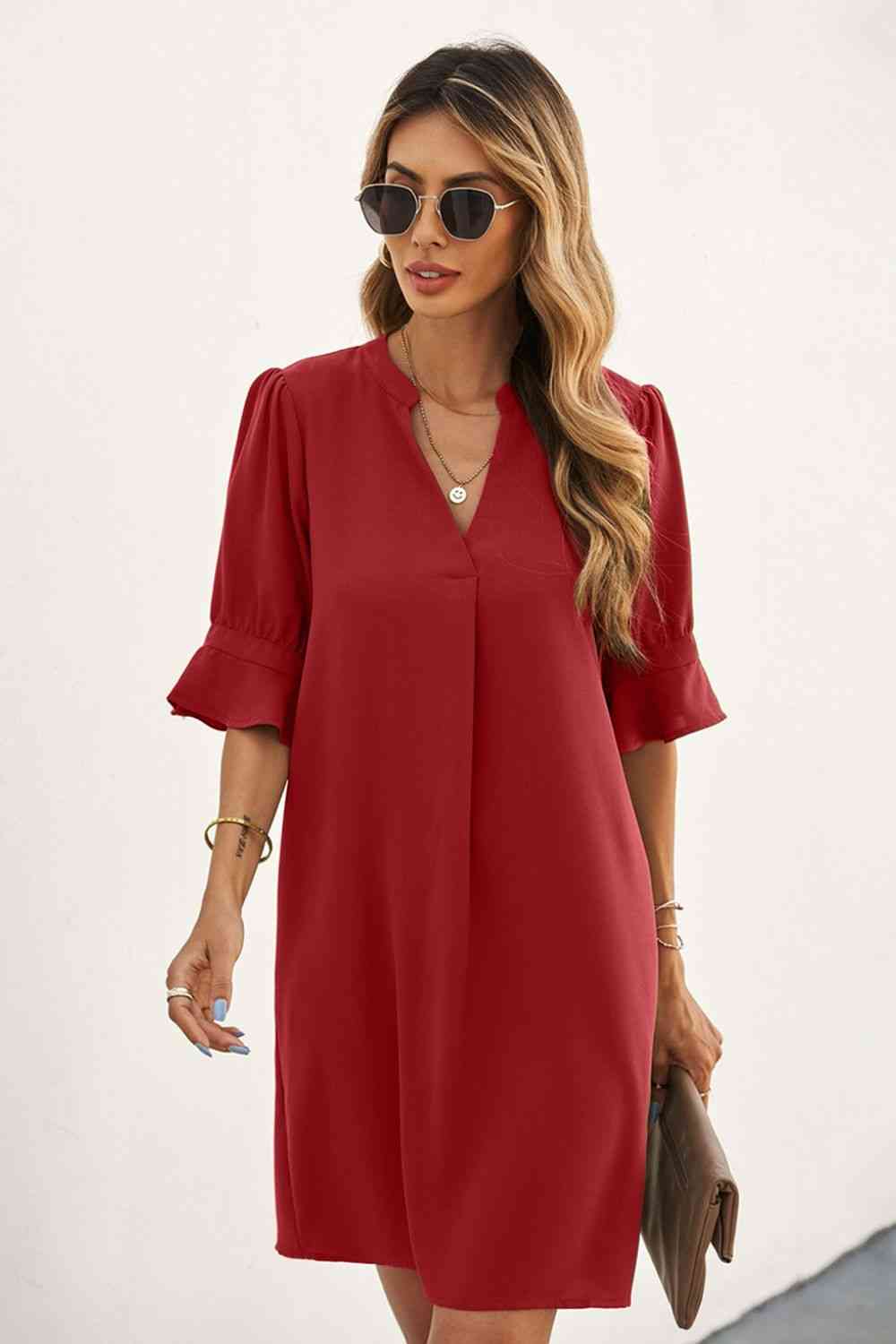 Puff Sleeve Notched Mini Shift Dress - Stormyjay