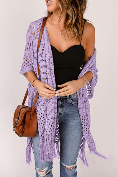 Openwork Open Front Cardigan with Fringes - Stormyjay