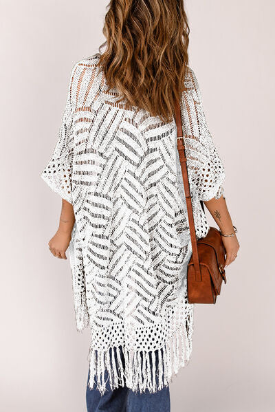 Openwork Open Front Cardigan with Fringes - Stormyjay