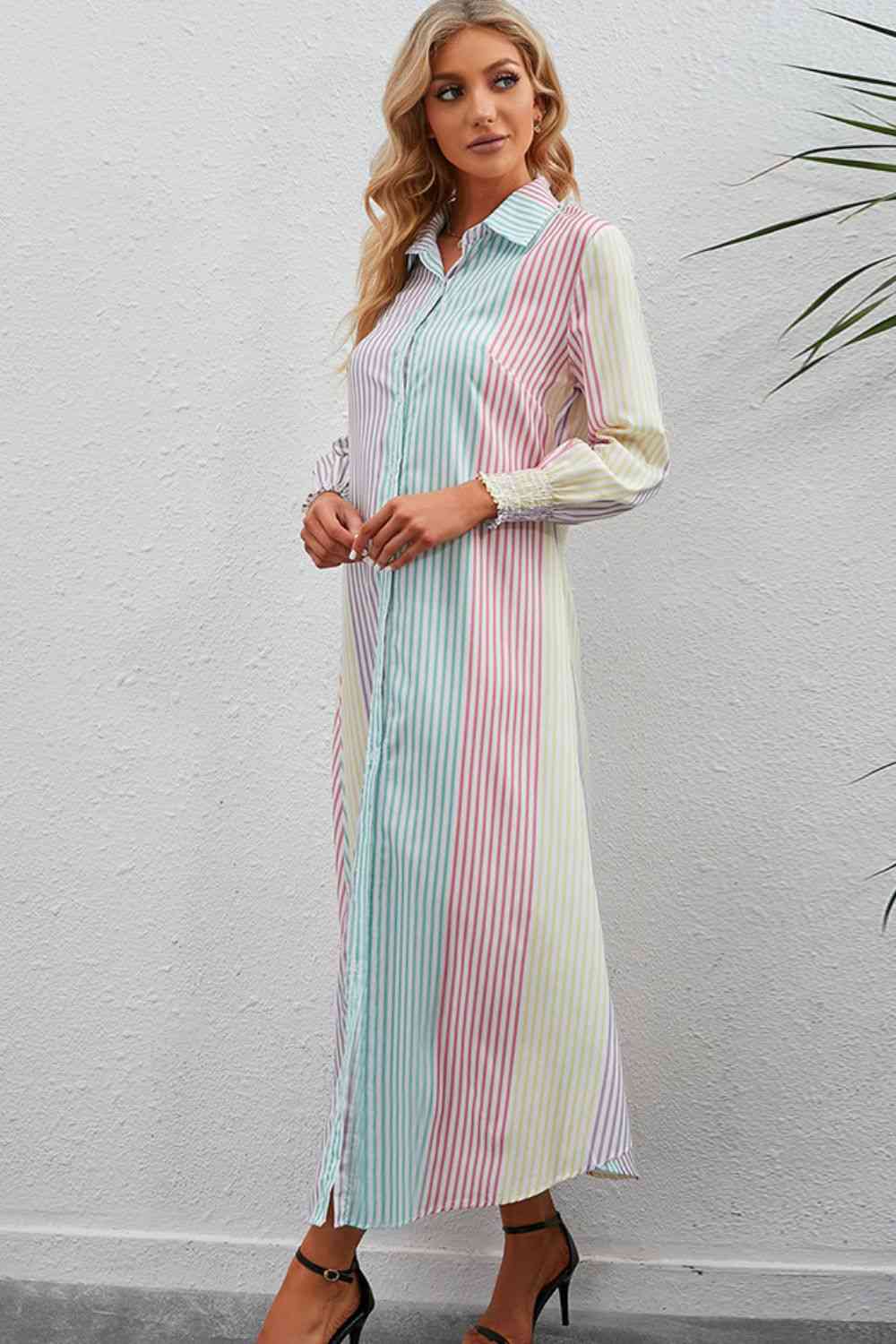 Rainbow Stripe Button-Up Maxi Shirt Dress - Stormyjay