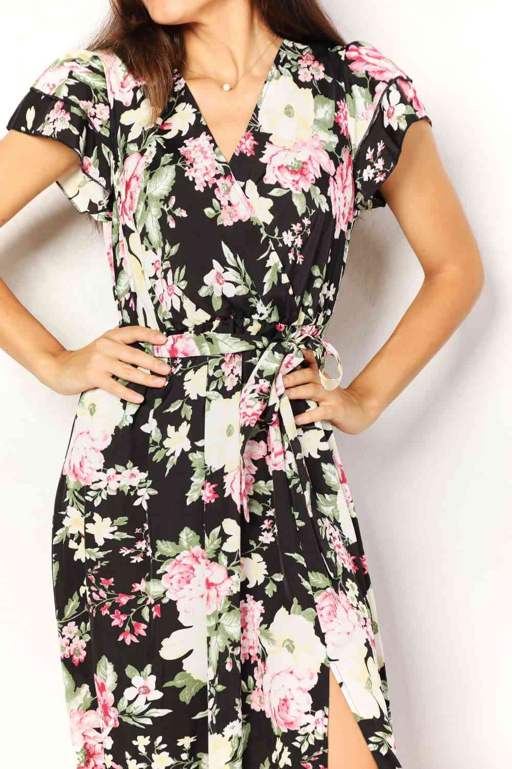 Double Take Floral Flutter Sleeve Tie-Waist Split Dress - Stormyjay