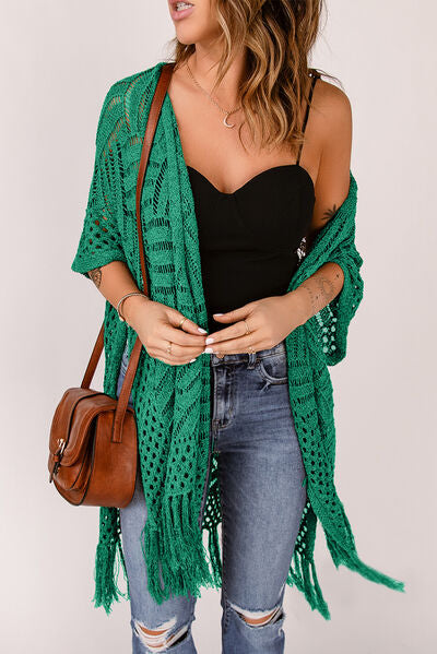 Openwork Open Front Cardigan with Fringes - Stormyjay