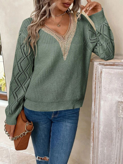 Openwork V-Neck Dropped Shoulder Sweater - Stormyjay