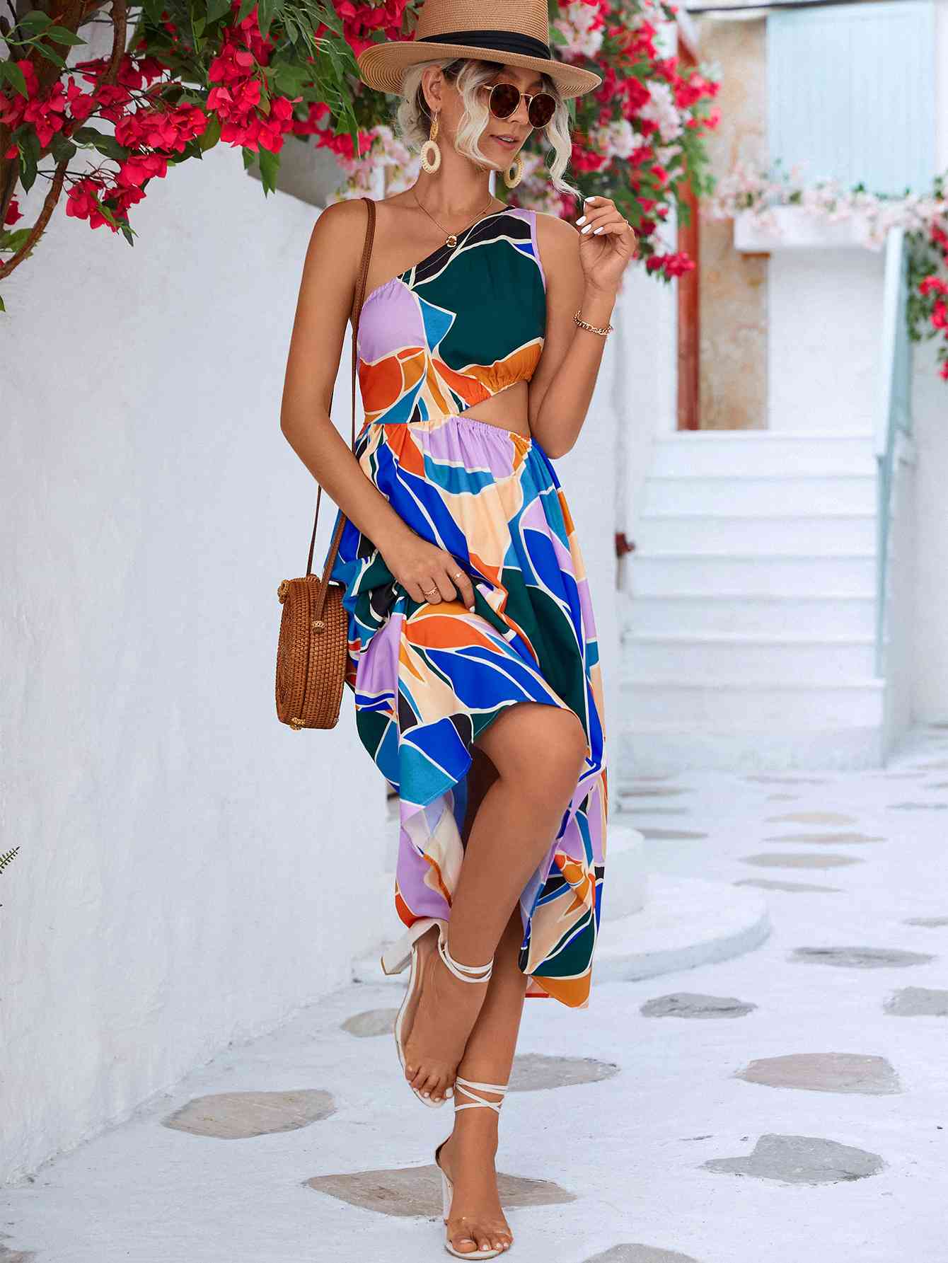 Printed Cutout One-Shoulder Sleeveless Dress - Stormyjay