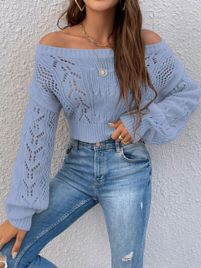 Openwork Off-Shoulder Long Sleeve Sweater - Stormyjay